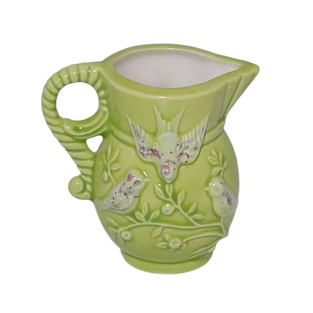 Italian Creamer Mini Ceramic Stoneware Lime Green Small Jug Pitcher With 3D Bird